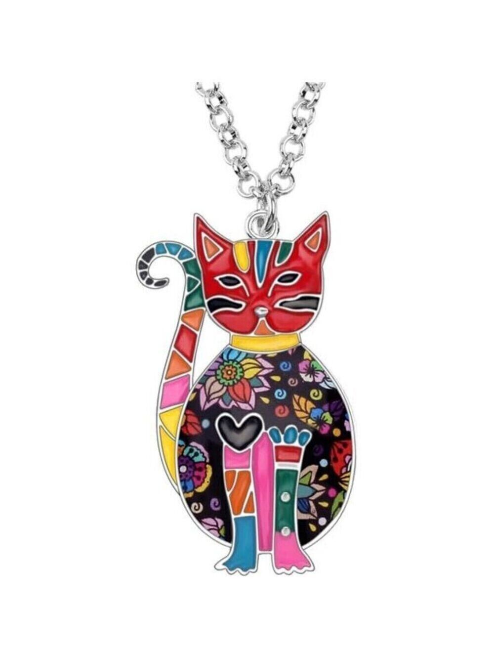 Floral Cat Pendant Necklace Enamel Kitten Jewelry Women